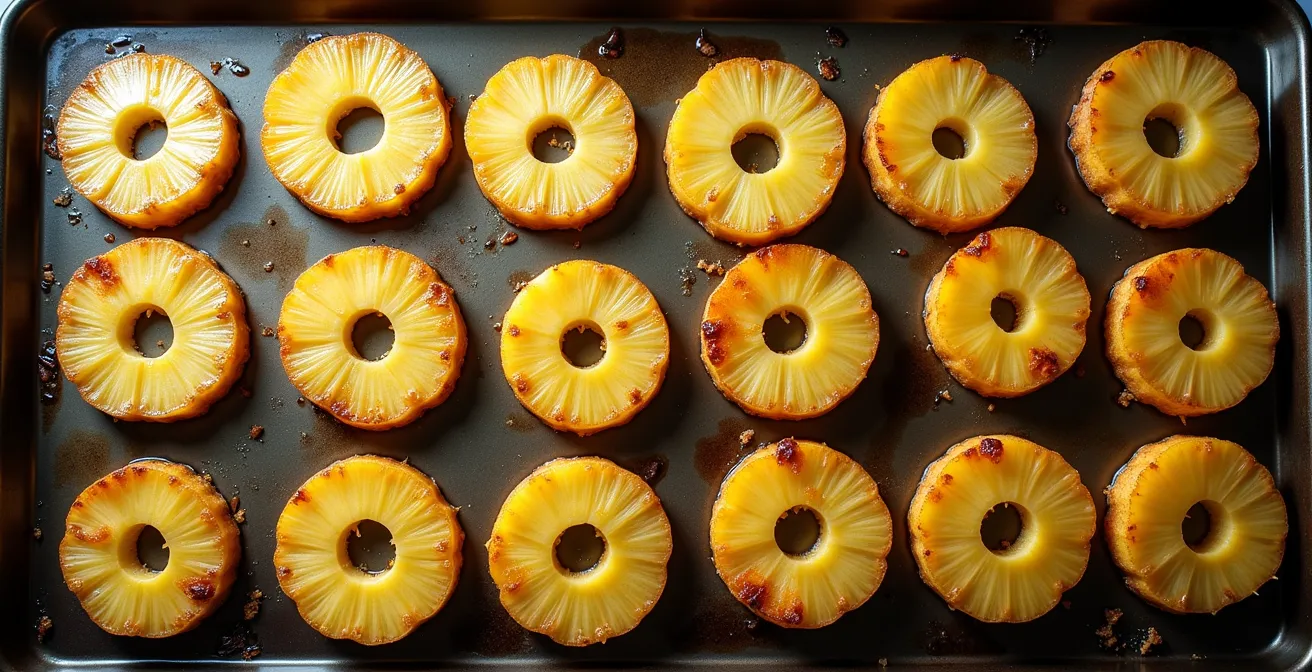 Tranches d'ananas dorées caramélisées sur plaque de cuisson