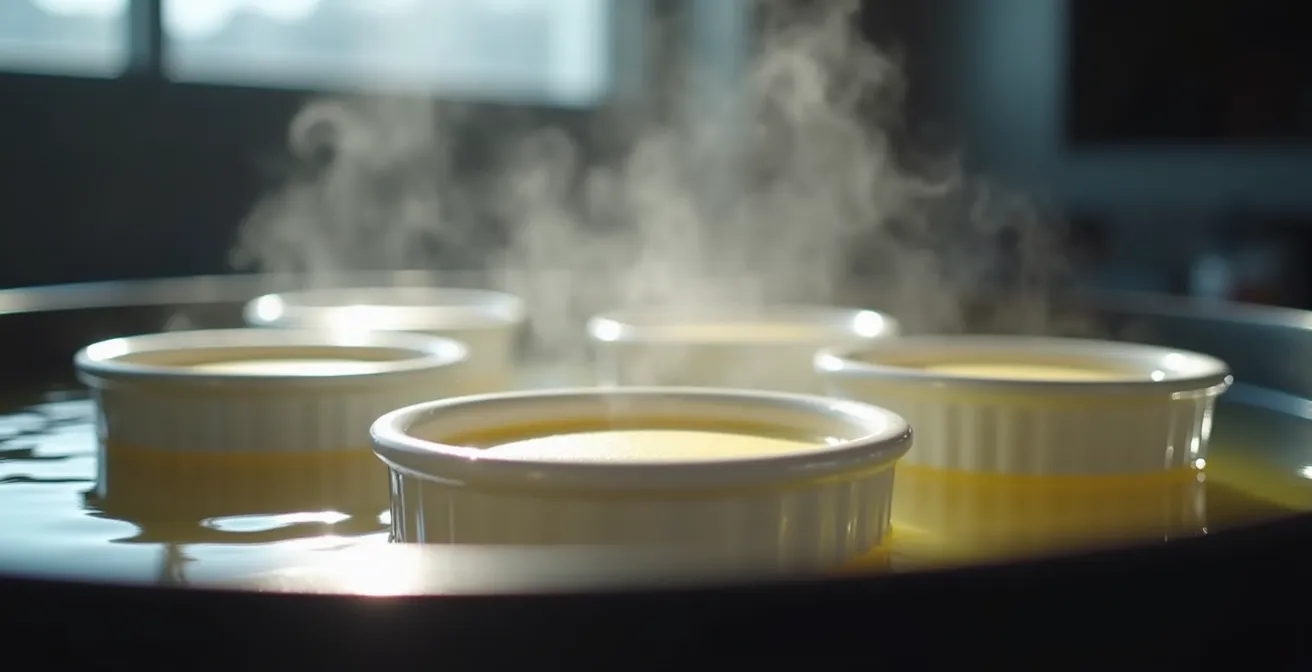 Ramequins en porcelaine dans un bain-marie avec eau frémissante
