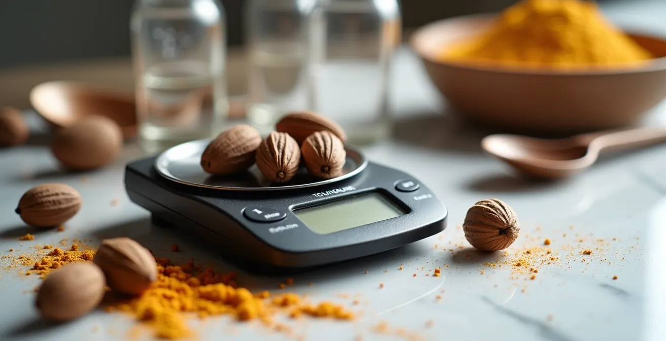 Balance de précision avec fèves tonka et noix de muscade pour dosage optimal