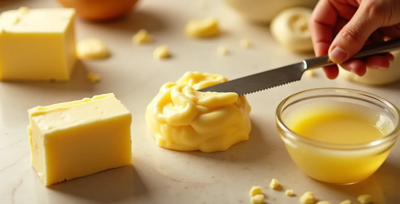 Vue rapprochée montrant trois états du beurre : froid, pommade et fondu