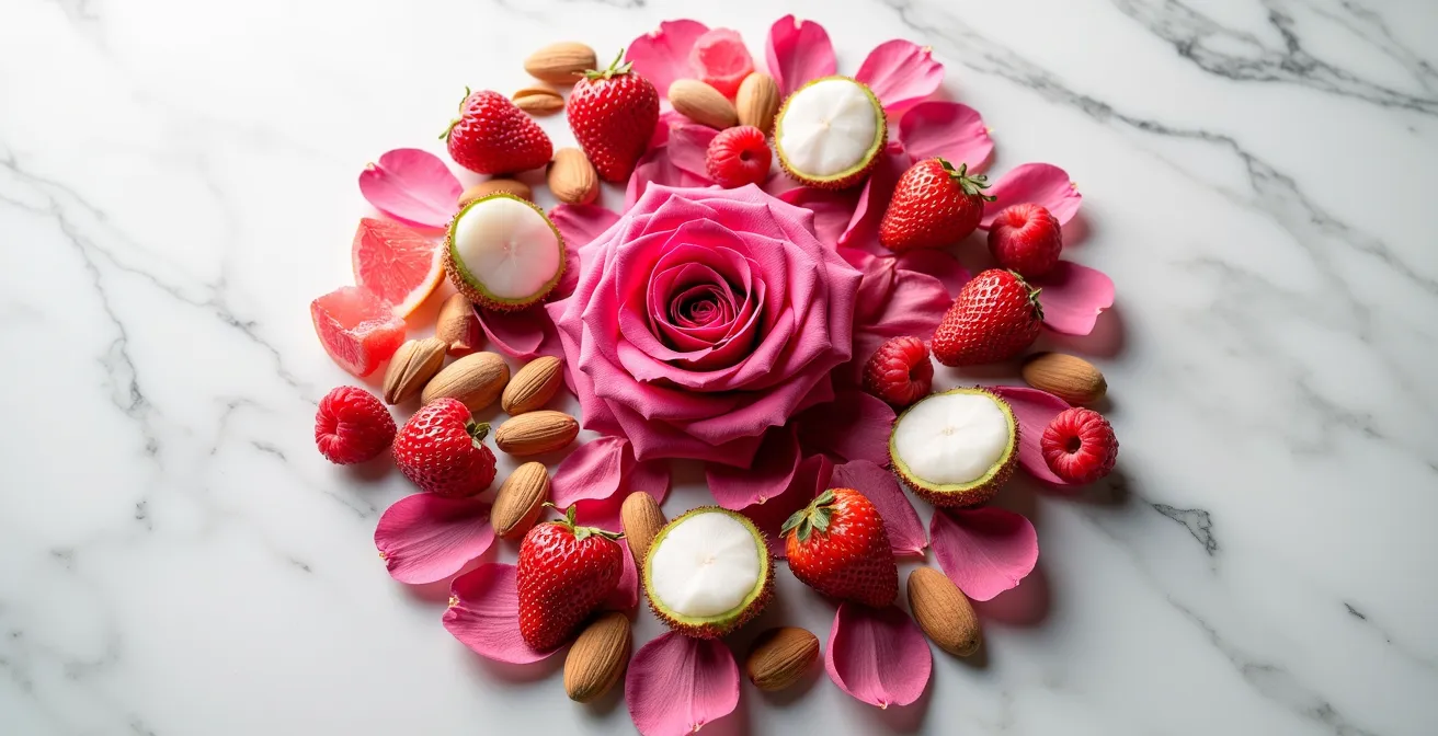 Cercle de compatibilité montrant les accords parfaits entre la rose et différents fruits pour la pâtisserie
