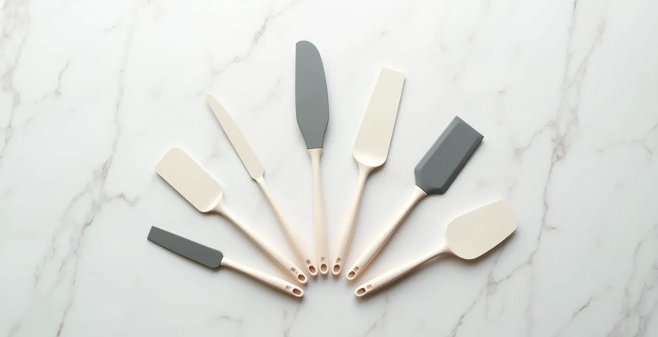 Vue aérienne de cinq maryses aux profils variés disposées en éventail sur plan de travail en marbre