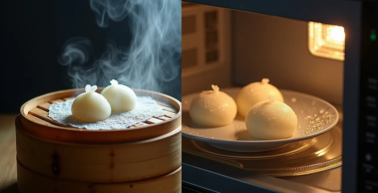 Deux méthodes de cuisson du mochi côte à côte : vapeur et micro-ondes
