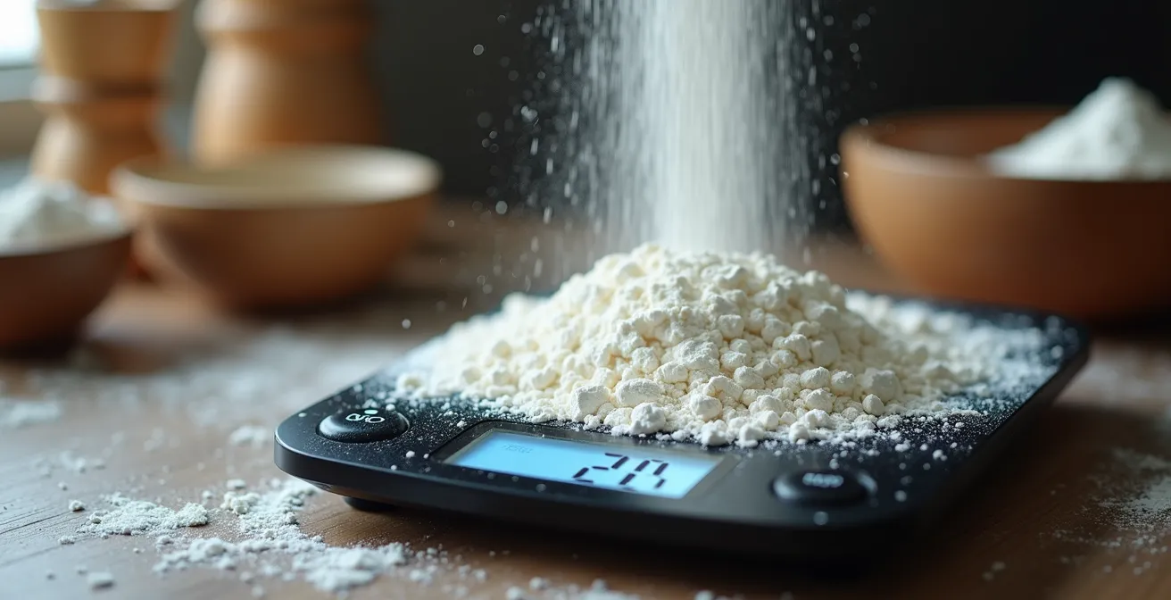 Gros plan sur une balance de cuisine avec de la farine et différents outils de mesure