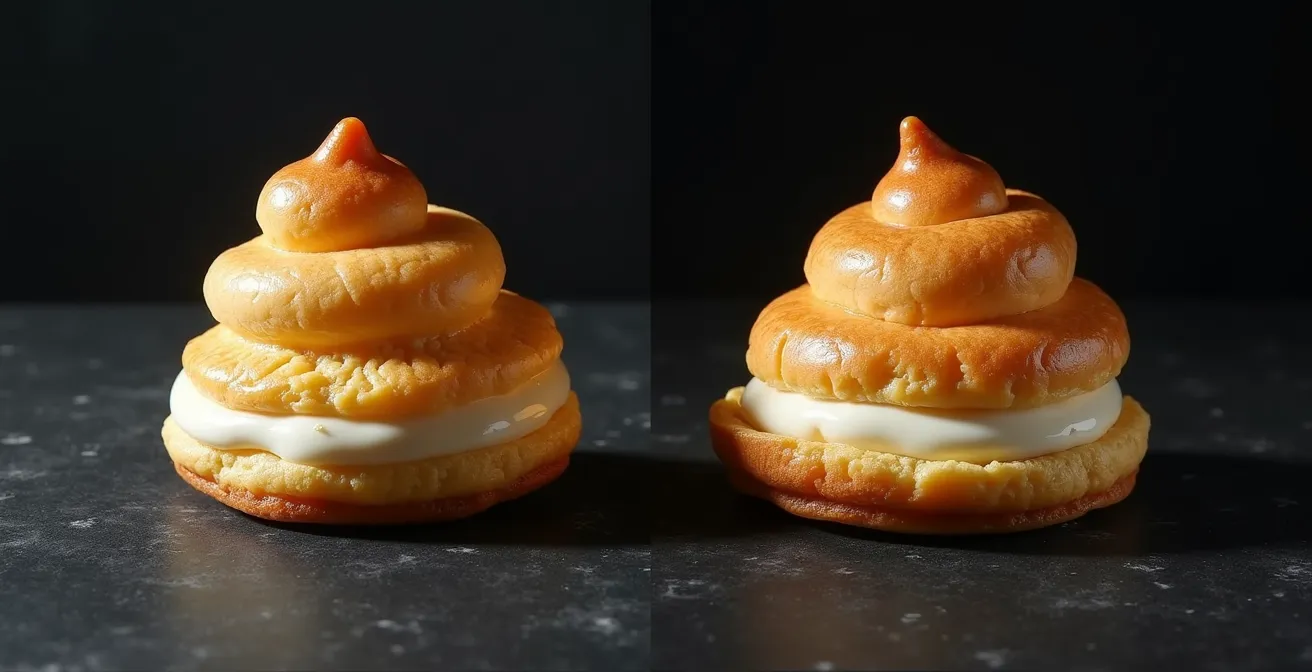 Comparaison visuelle de deux choux, l'un bien gonflé en chaleur statique, l'autre aplati en chaleur tournante