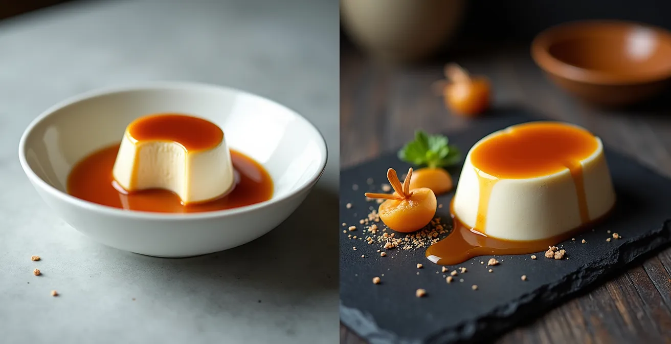 Comparaison visuelle entre une assiette creuse et une ardoise pour présentation de dessert