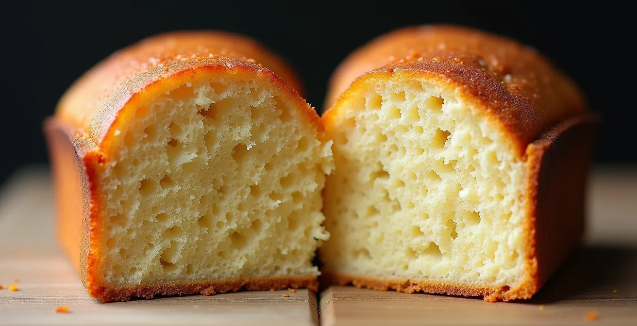 Vue macro comparative de deux tranches de cake montrant la différence de texture et d'alvéolage