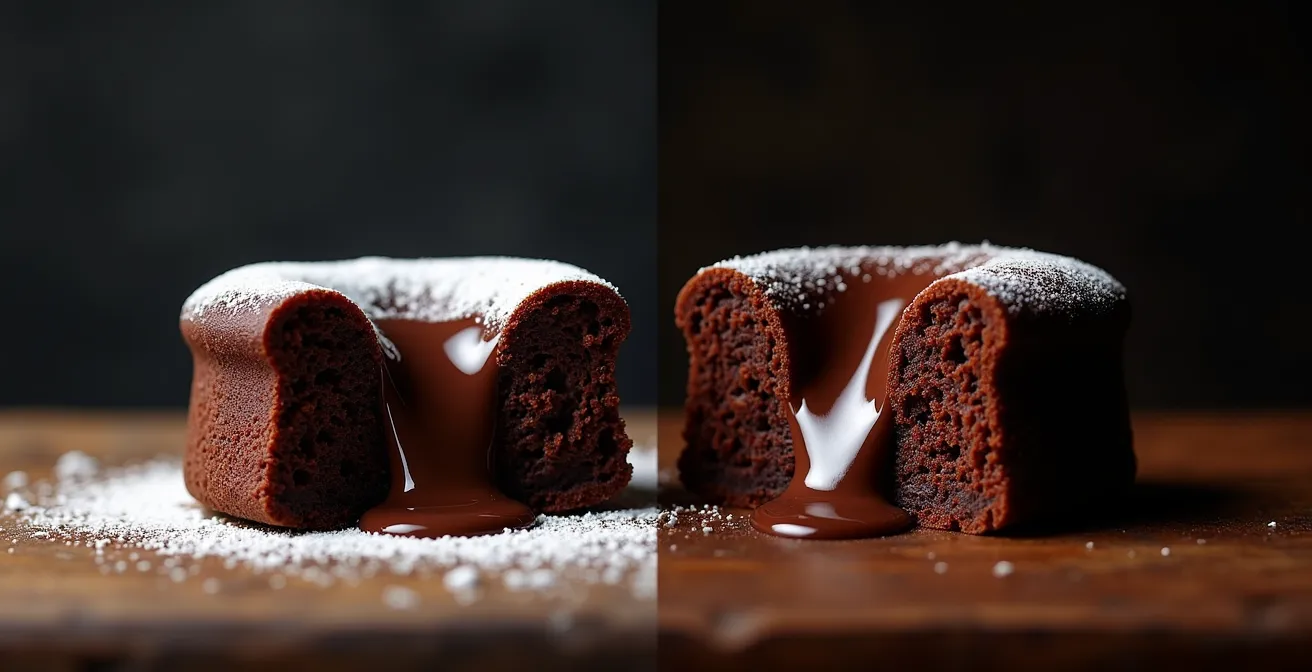 Deux coupes de mi-cuit côte à côte montrant la différence de texture selon le ratio de farine