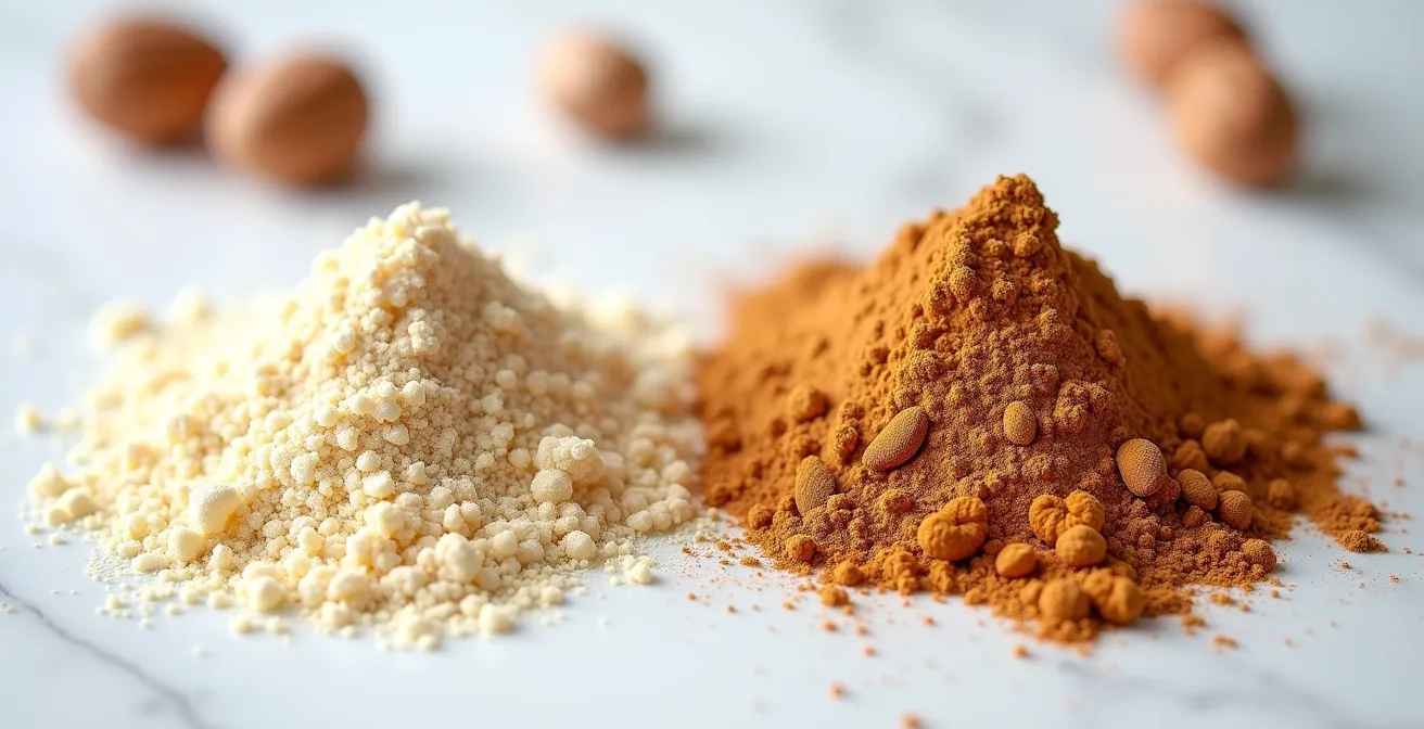 Macro de poudres d'amande et noisette montrant les différences de texture et teneur en huile