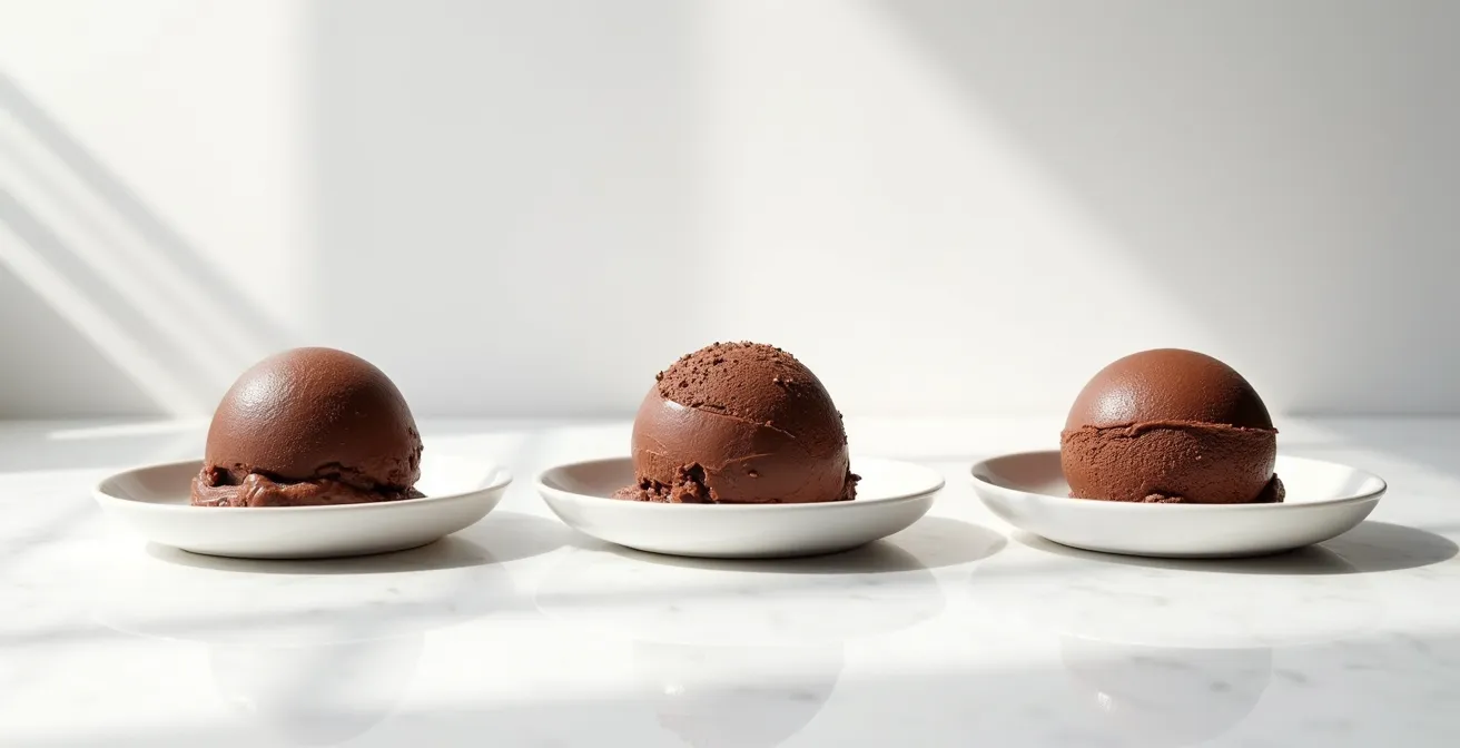 Trois cuillères de sorbet au chocolat montrant différentes textures selon le type de sucre utilisé