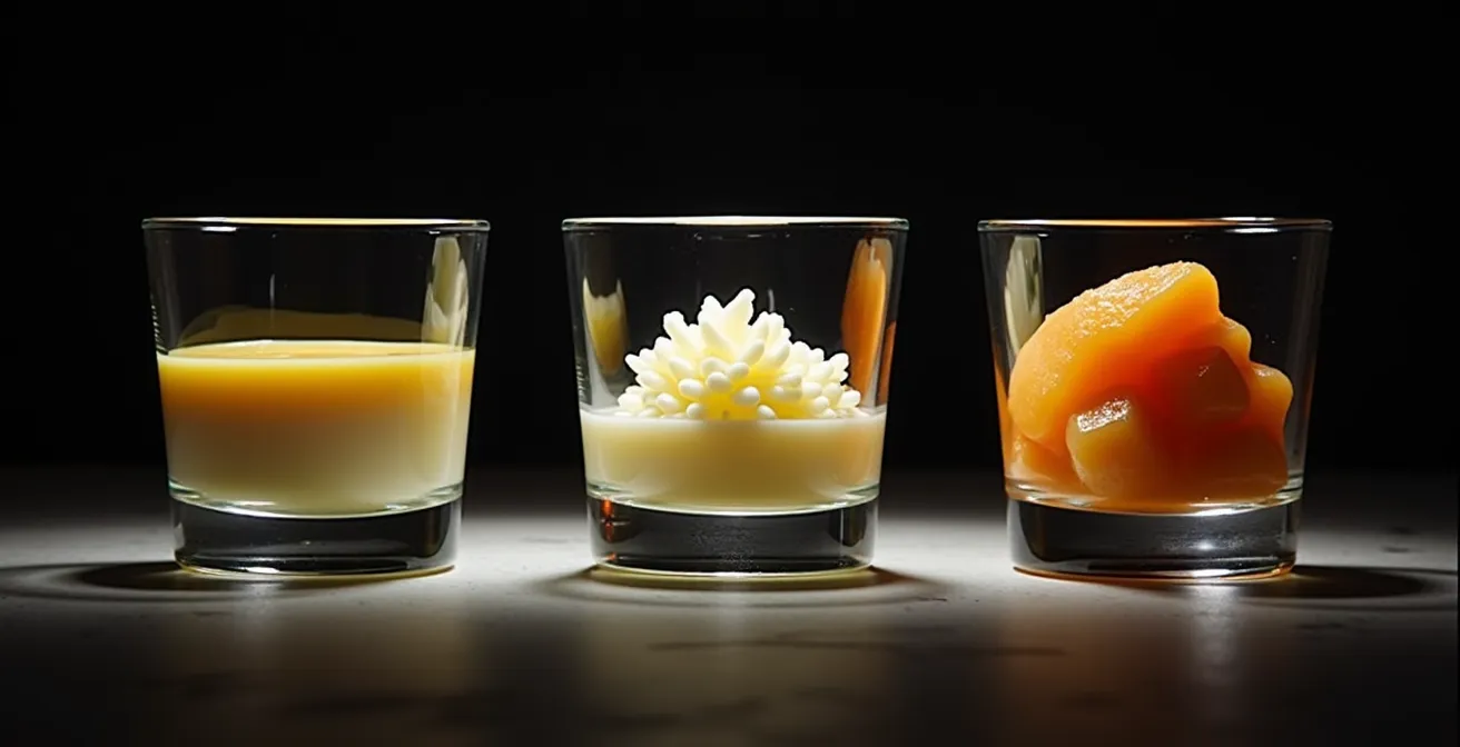 Trois panna cotta montrant les effets du dosage en gélifiant : parfaite, liquide et trop ferme