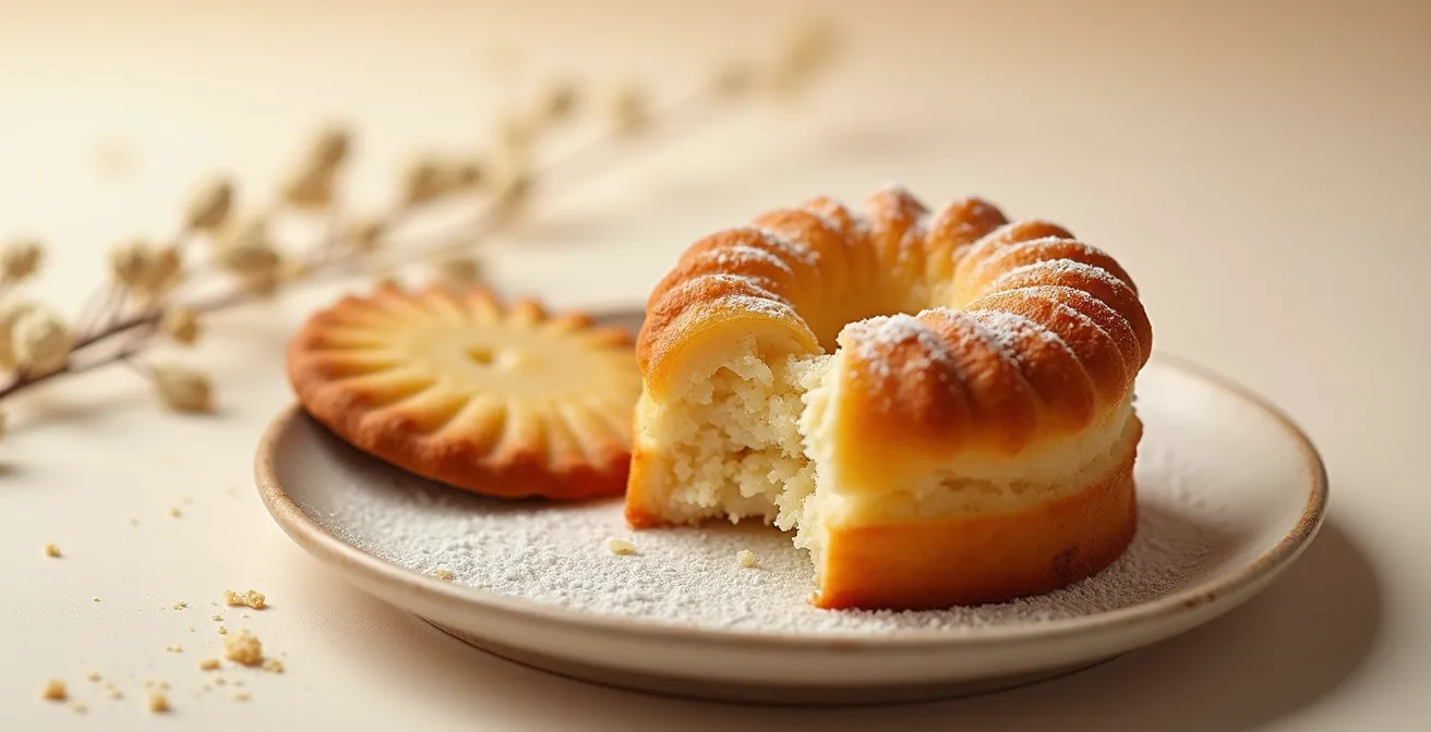 Gros plan sur l'association d'un financier moelleux et d'une tuile croustillante