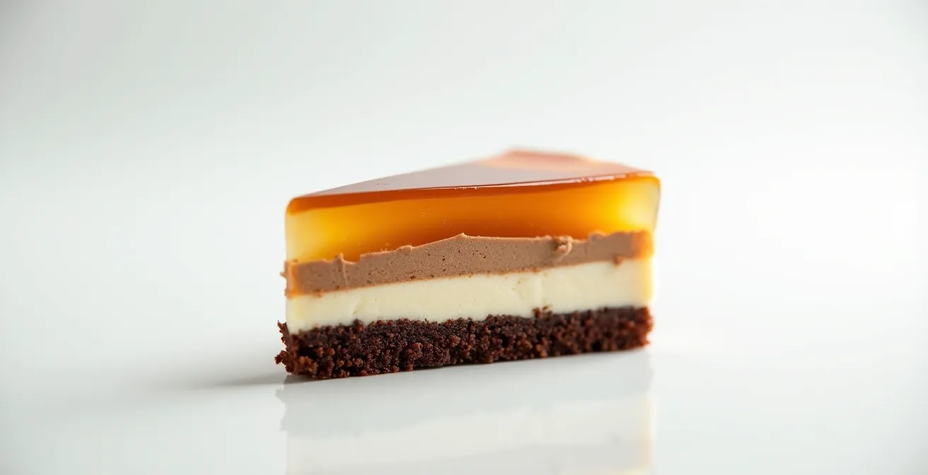 Coupe transversale d'un entremets révélant les différentes couches et textures superposées