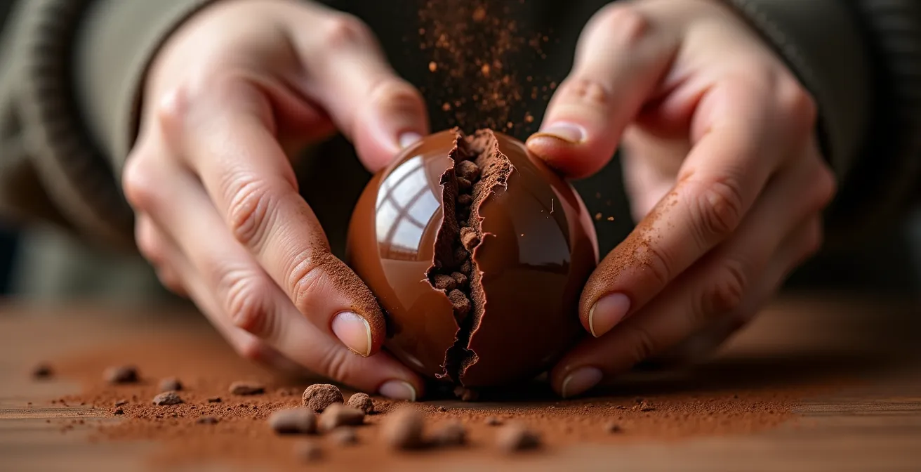 Sphère de chocolat à briser et desserts tactiles conçus pour être mangés avec les doigts