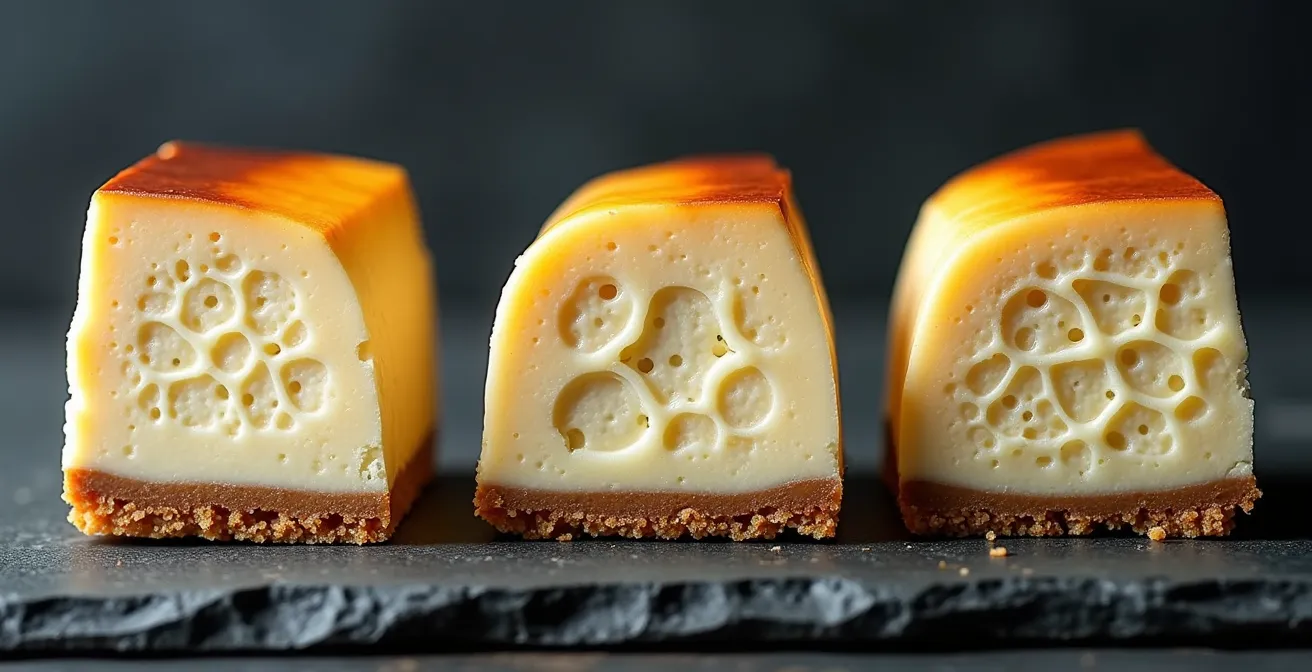 Coupe transversale de trois cheesecakes montrant différentes textures : parfait, fissuré et granuleux