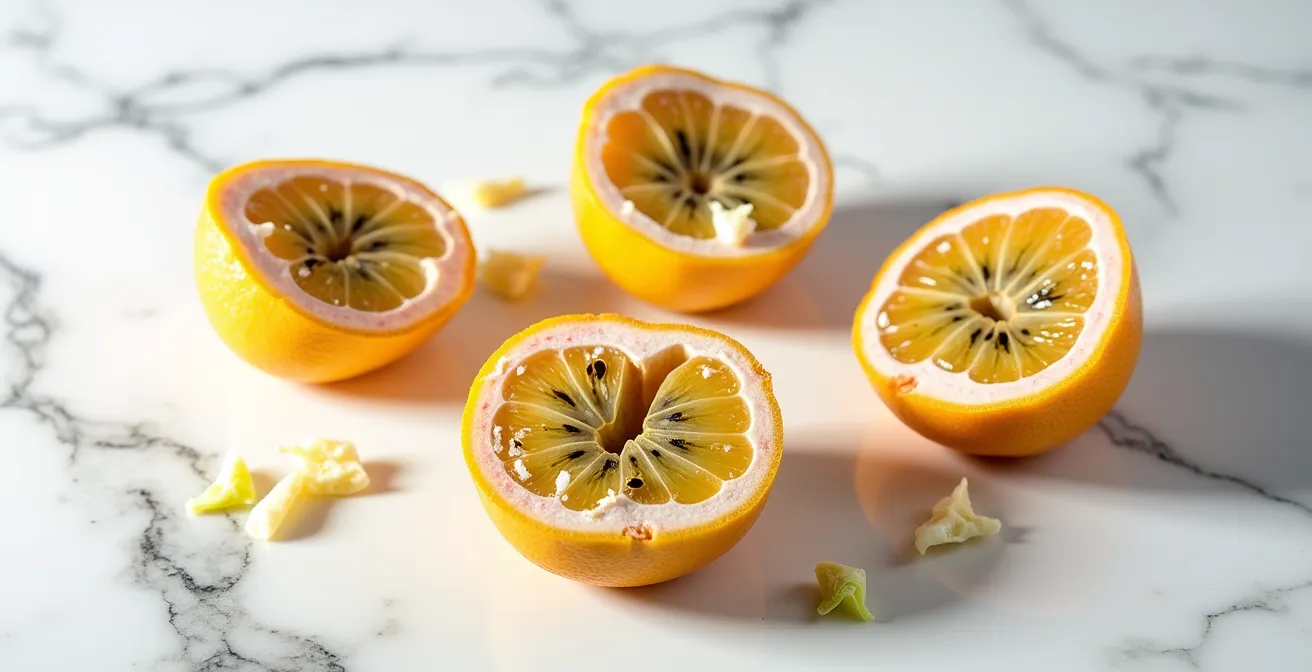 Composition de fruits exotiques avec chocolat blanc et vanille sur marbre