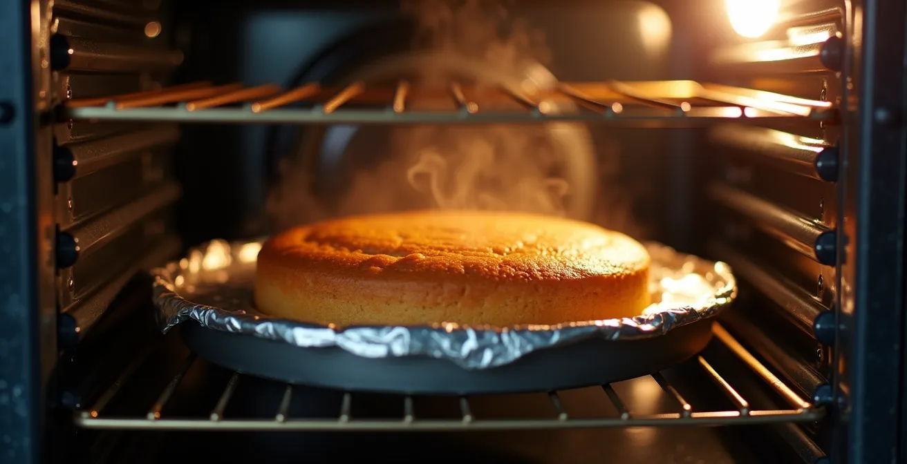 Vue latérale d'un gâteau au miel dans un four avec protection en papier aluminium