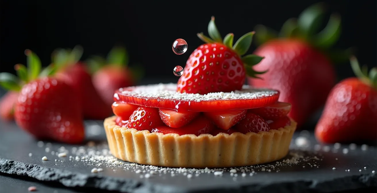 Coupe transversale d'une tarte aux fraises montrant les différentes couches protectrices sous les fruits