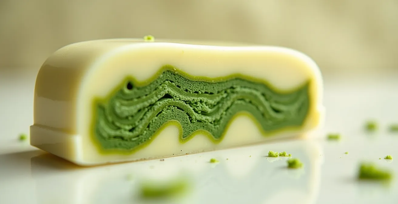 Gros plan sur une ganache au chocolat blanc et matcha montrant la texture crémeuse et les nuances de couleur