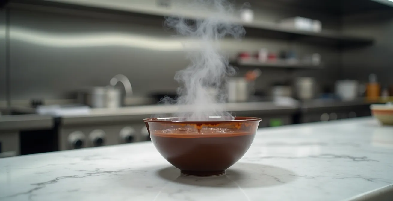 Vue macro d'une ganache montée montrant la cristallisation du beurre de cacao avec effet de grainage visible