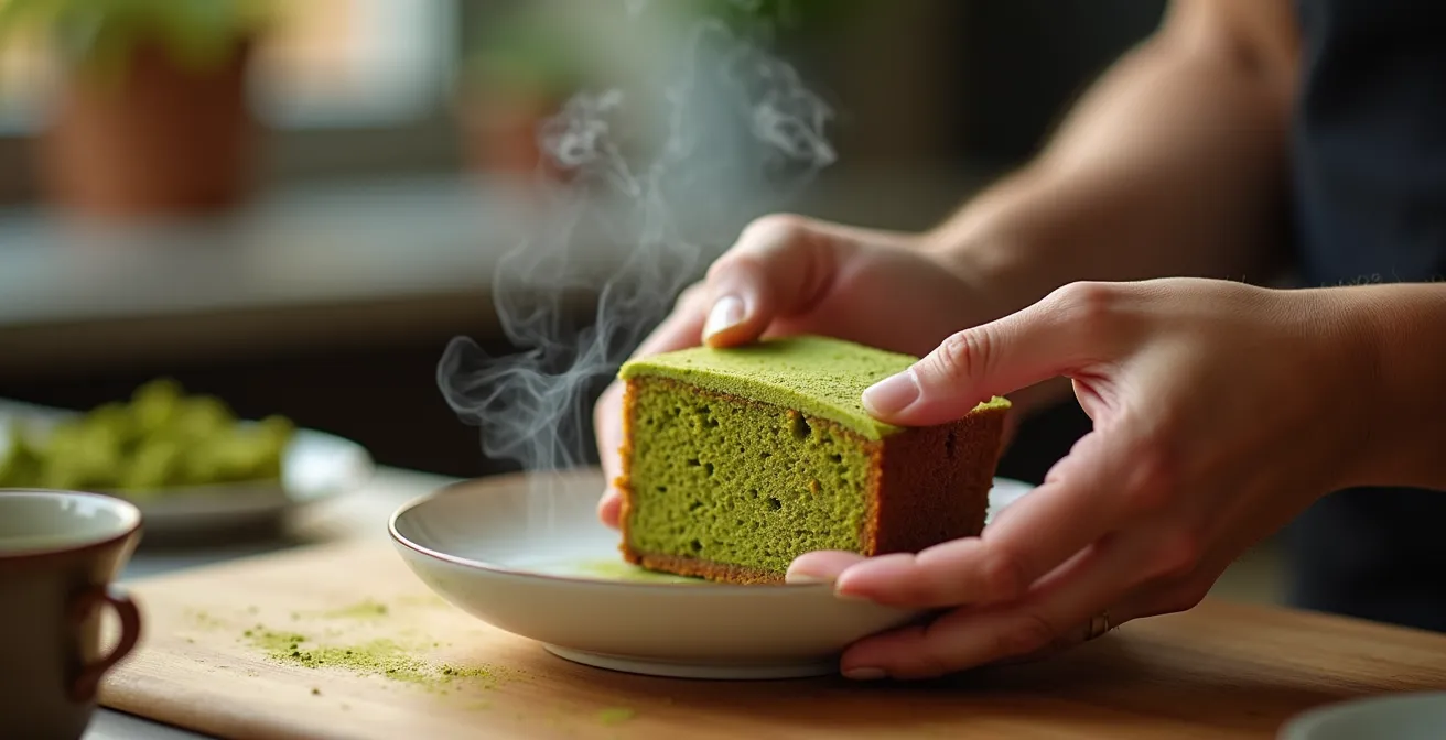 Gâteau vapeur au thé vert matcha tranché montrant sa texture aérienne