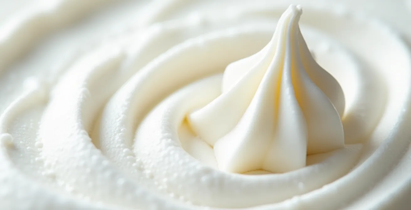 Vue macro de crème fouettée montrant la texture crémeuse et les bulles d'air emprisonnées