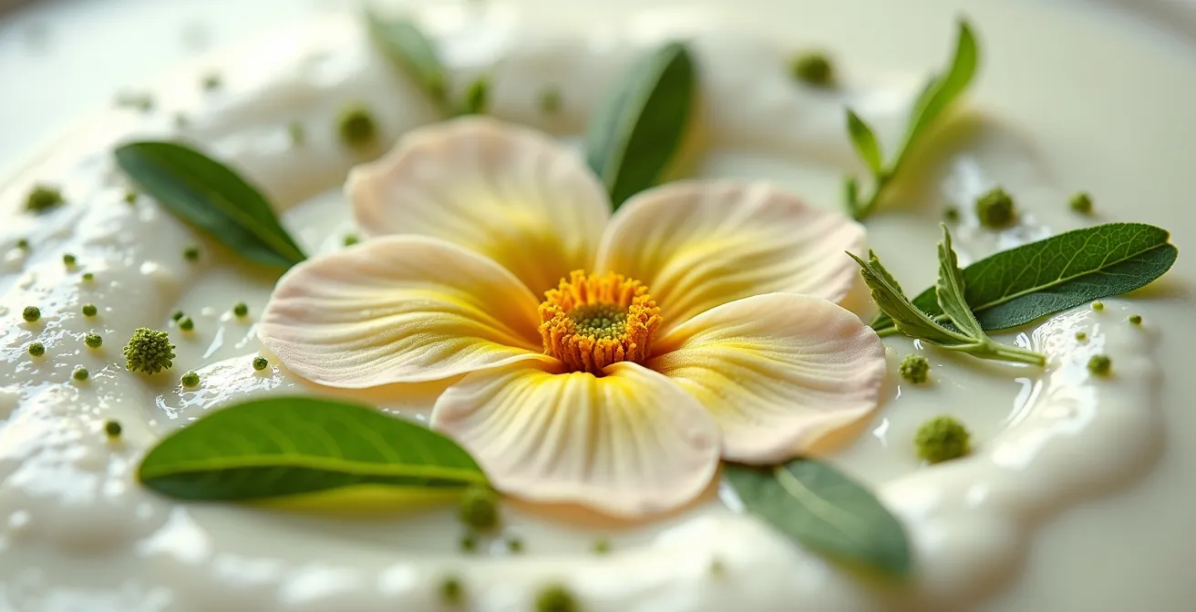 Gros plan macro sur des plantes aromatiques locales infusant dans une crème onctueuse