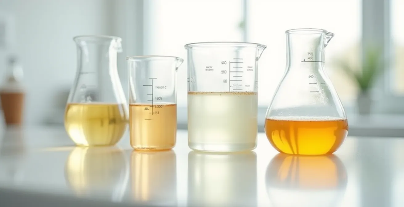 Éprouvettes de laboratoire contenant différents liquides de pâtisserie montrant les variations de niveau