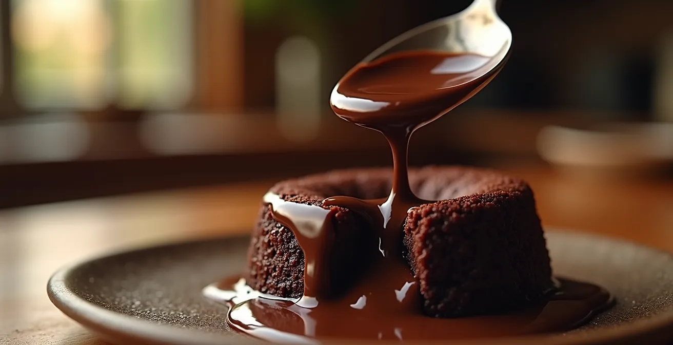 Coupe d'un mi-cuit au chocolat révélant le cœur coulant