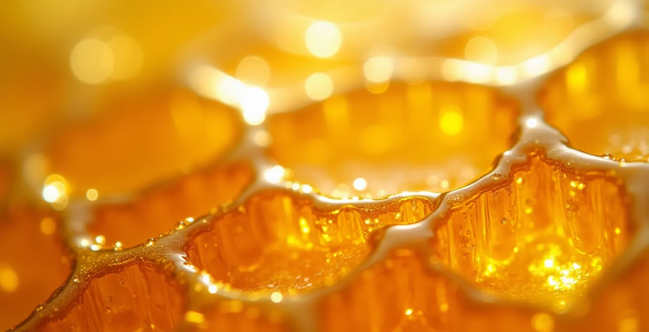 Vue macro de miel local cristallisé avec ses textures naturelles dorées