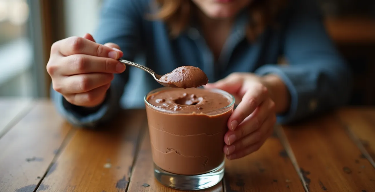 Coupe transversale d'une mousse au chocolat montrant sa texture aérée et ses bulles