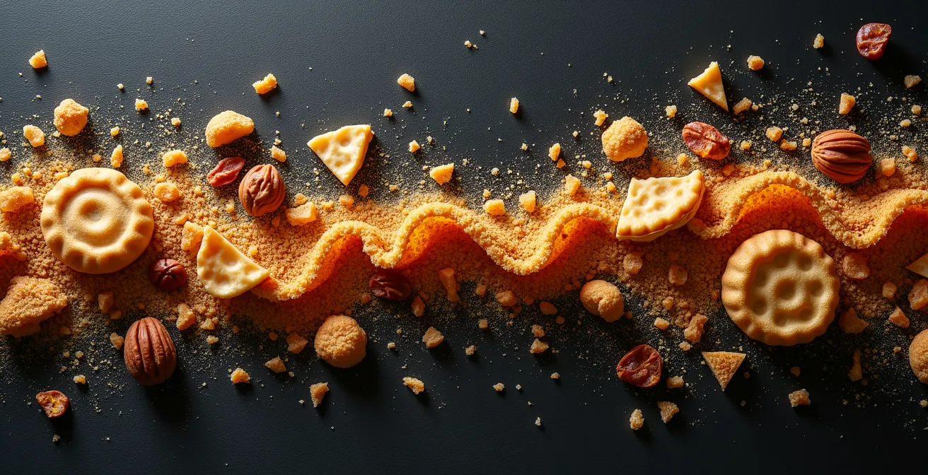 Composition abstraite de surfaces croustillantes et textures sonores de desserts