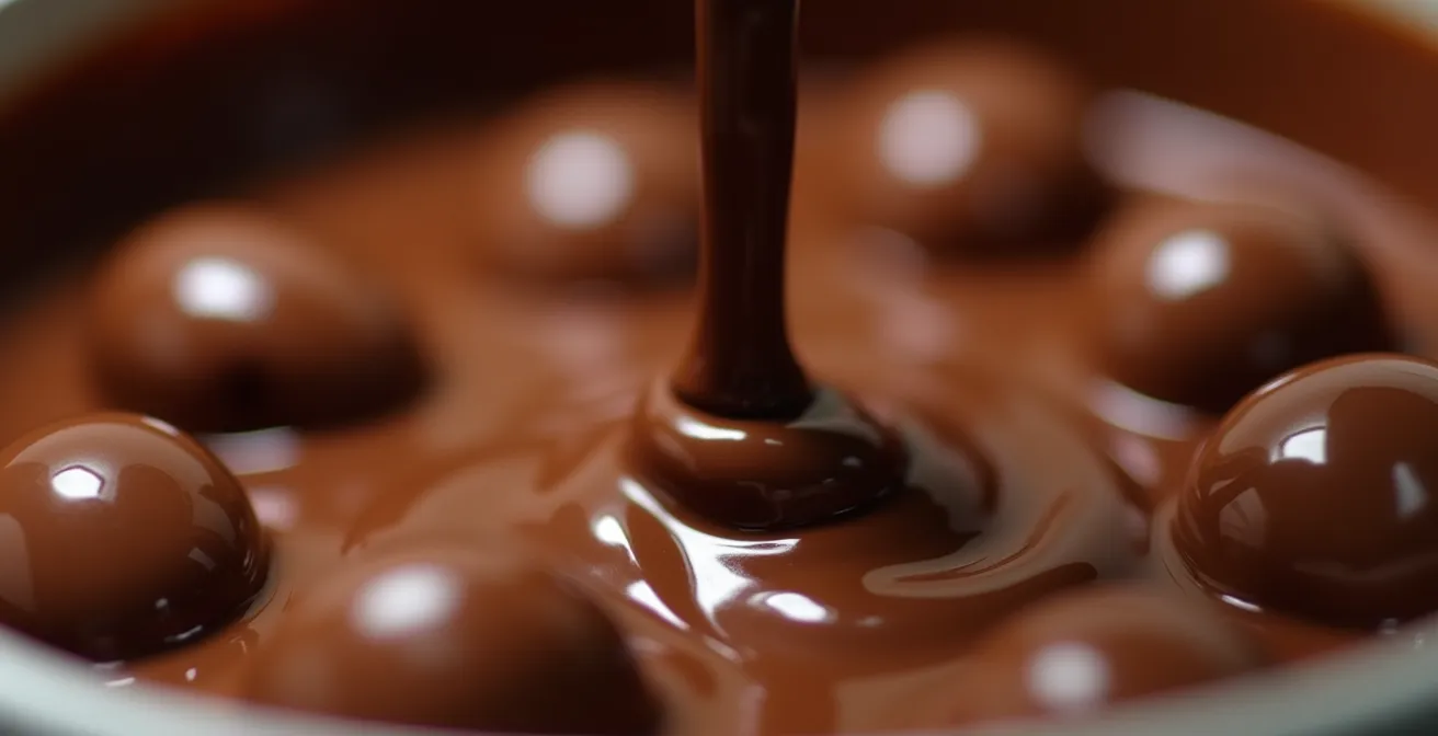Pistoles de chocolat noir ajoutées progressivement dans un bol de chocolat fondu avec une maryse en bois