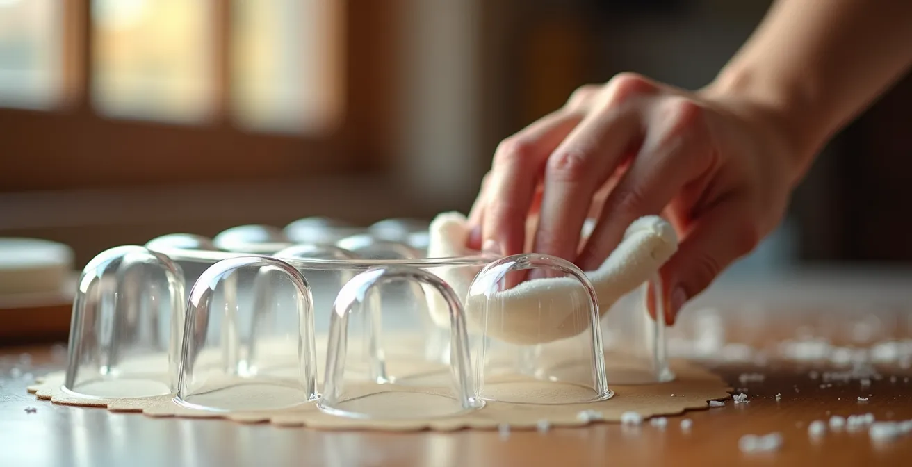 Main polissant délicatement un moule en polycarbonate transparent avec un tissu en coton blanc