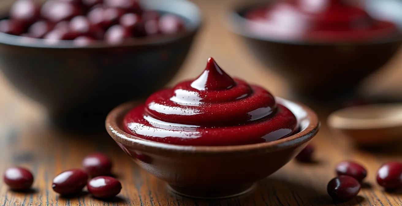 Pâte d'anko brillante dans un bol avec haricots azuki