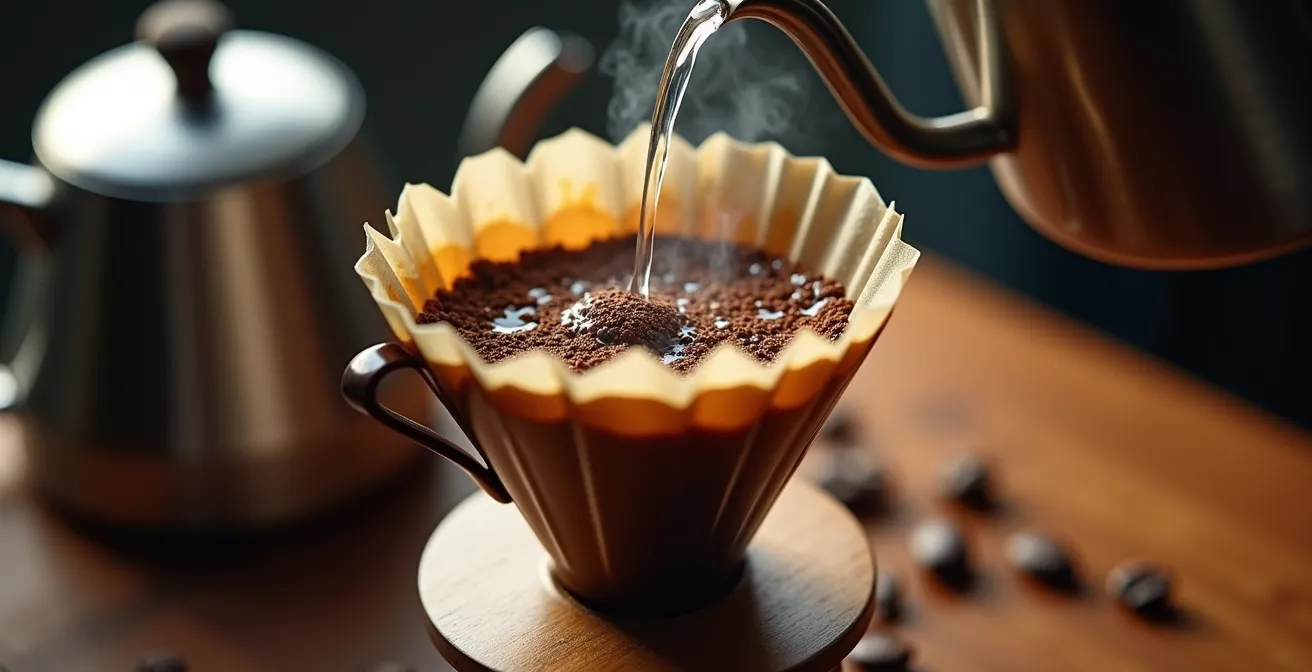 Gros plan sur des mains versant de l'eau chaude dans un dripper V60 avec grains de café en arrière-plan