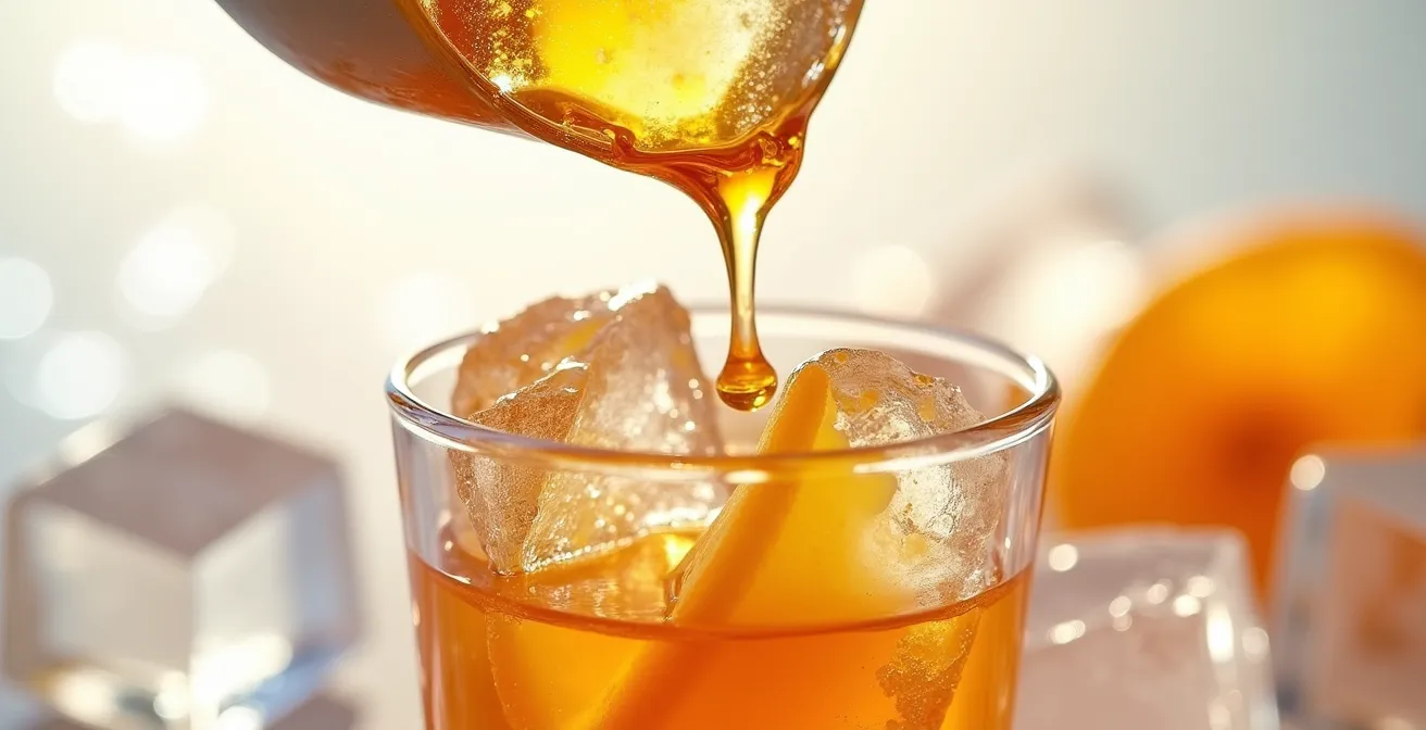 Jus de fruit concentré s'écoulant goutte à goutte d'un bloc de glace en décongélation