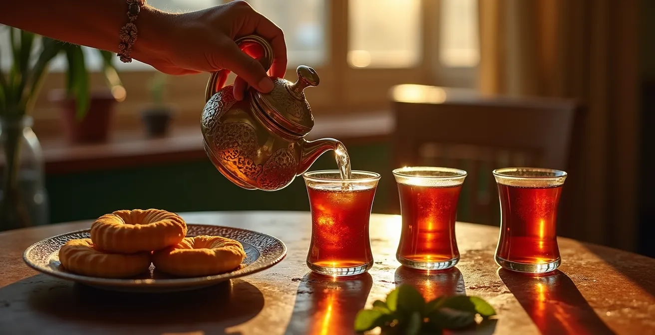 Les trois services traditionnels du thé à la menthe avec pâtisseries orientales
