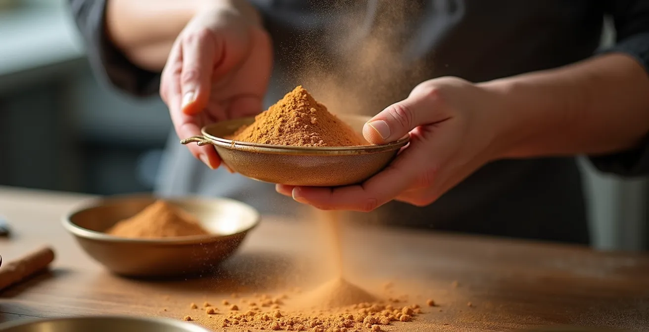 Processus de tamisage de poudre d'épices avec tamis professionnel et texture crémeuse
