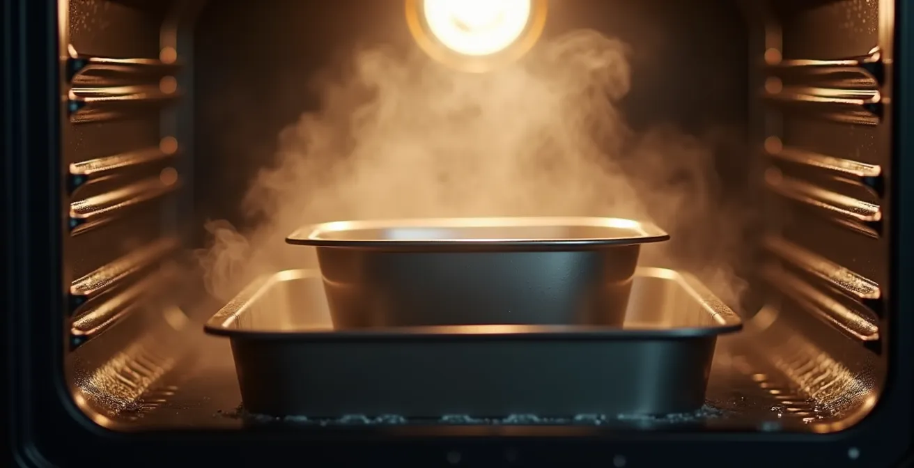 Moule à gâteau placé dans un bain-marie au four avec vapeur visible