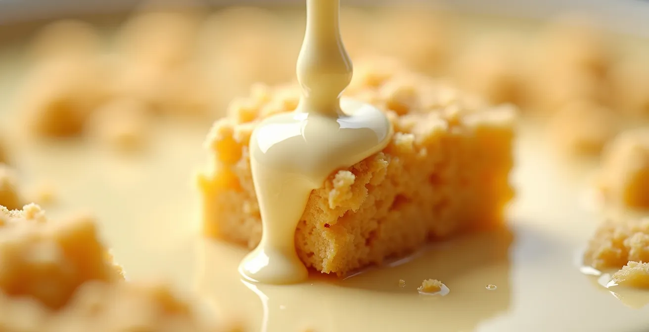Vue macro d'un crumble enrobé de chocolat blanc posé délicatement sur une mousse aérienne