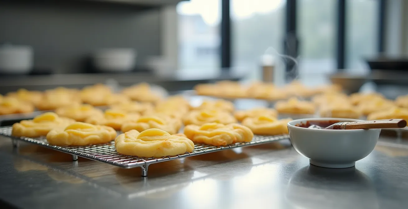 Application au pinceau d'une fine couche de beurre de cacao fondu sur une plaque de feuilletage