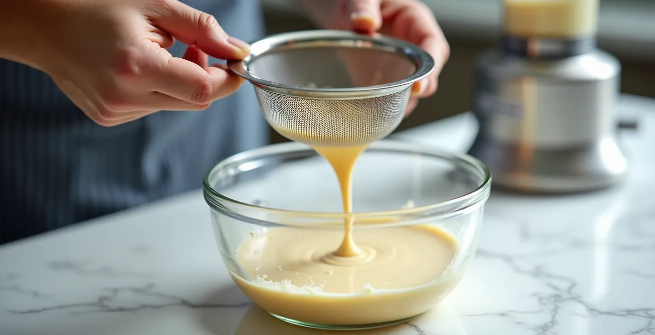 Démonstration de la technique du chinois étamine avec mixeur plongeant pour rattraper une crème granuleuse