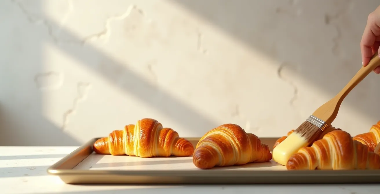 Application délicate de dorure à l'œuf sur des croissants façonnés avec un pinceau en soies naturelles