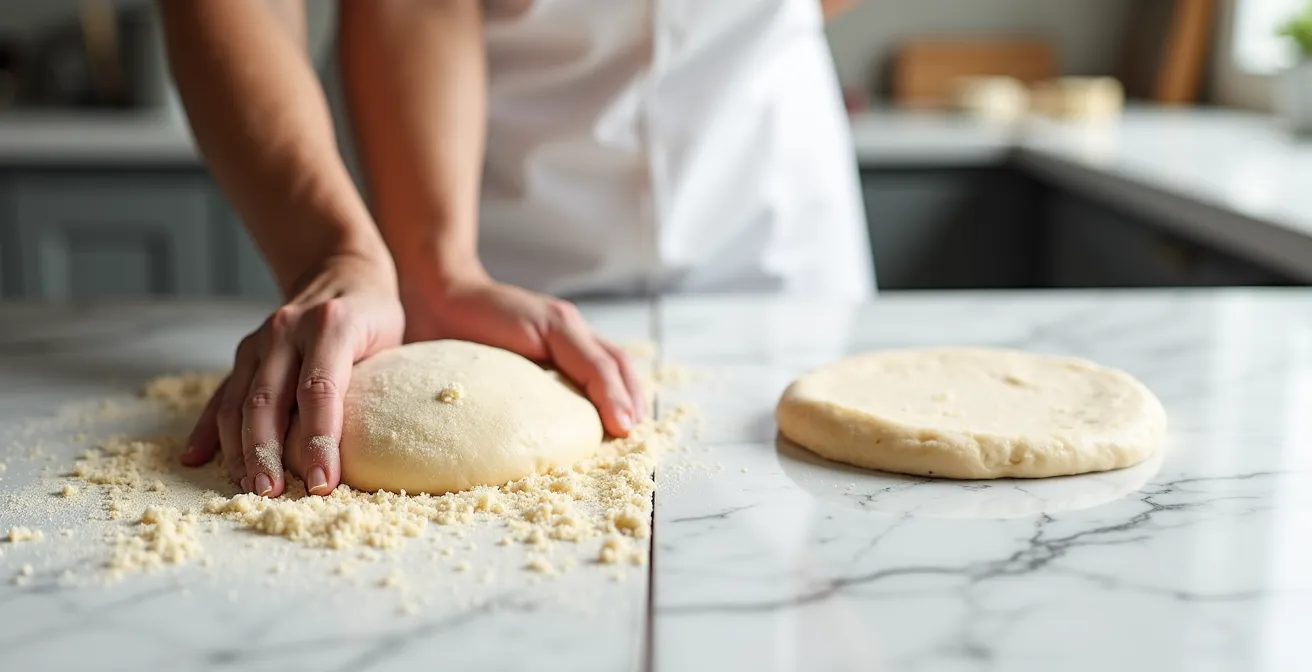 Technique du pétrissage par friction pour pâte sablée montrant le mouvement du talon de la main