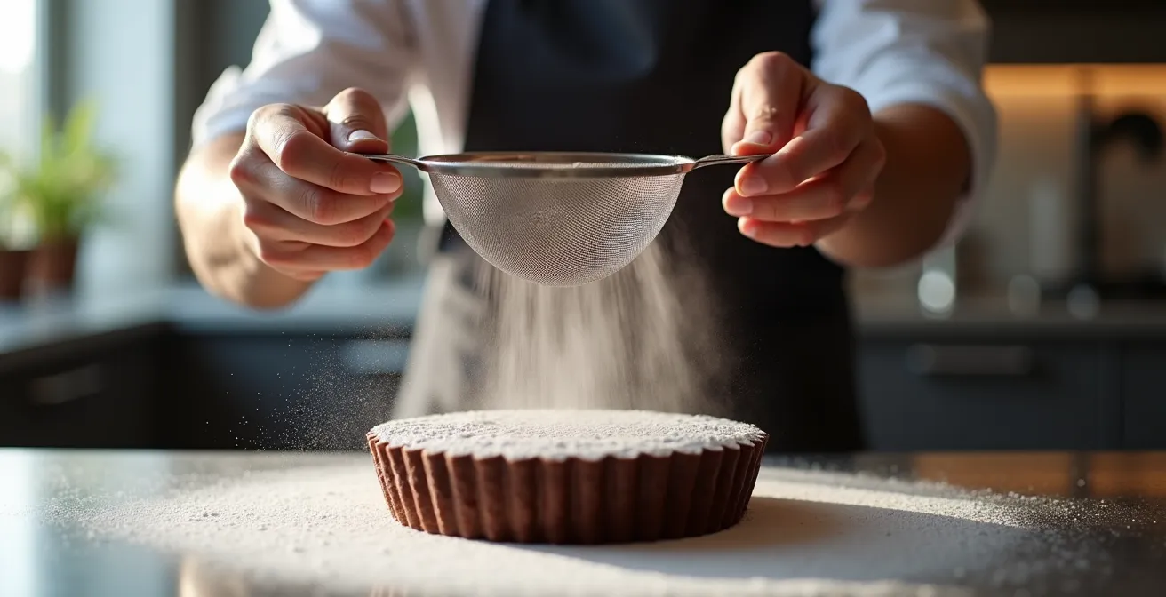 Mains de pâtissier utilisant un tamis fin au-dessus d'un gâteau, nuage de poudre blanche en suspension