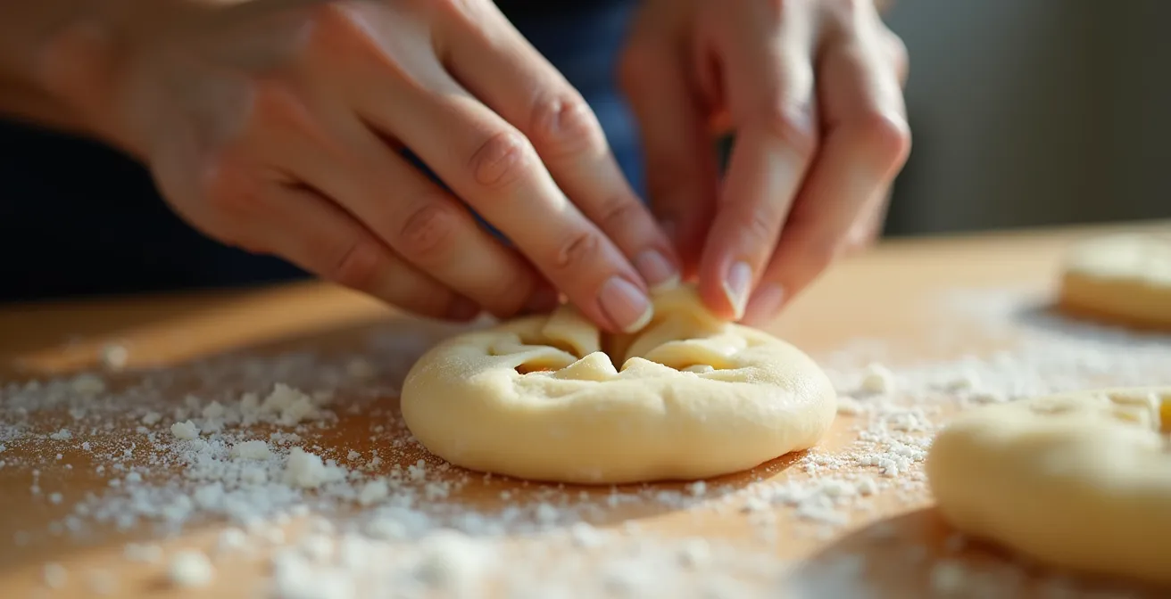 Mains façonnant un mochi avec la technique du pincement en étoile