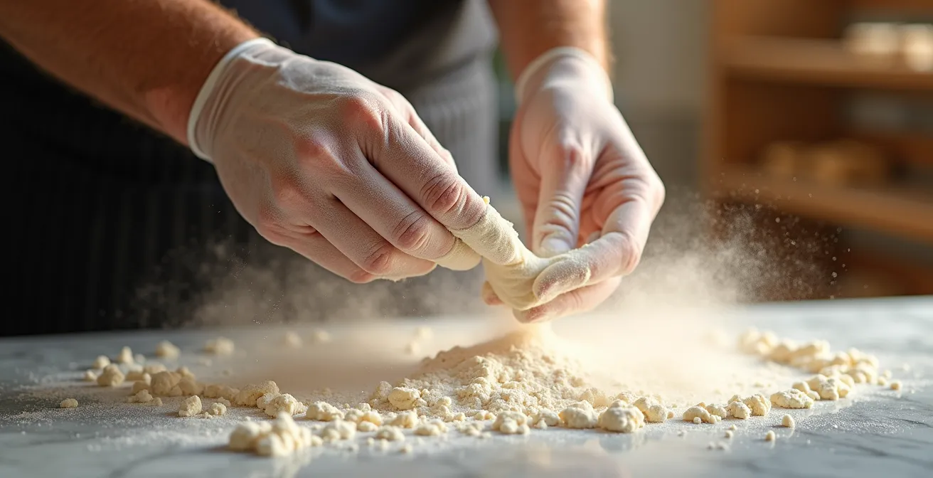 Technique du voile de farine créé par le mouvement du poignet sur un plan de travail en marbre