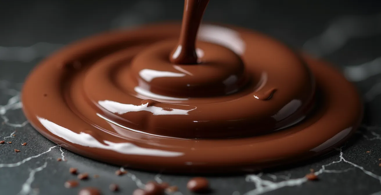 Chocolat fondu avec thermomètre indiquant la température idéale de 45-50°C, texture lisse et brillante