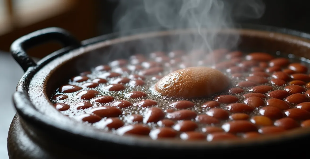 Casserole avec eau de cuisson sombre des azuki montrant l'écume et les impuretés à éliminer